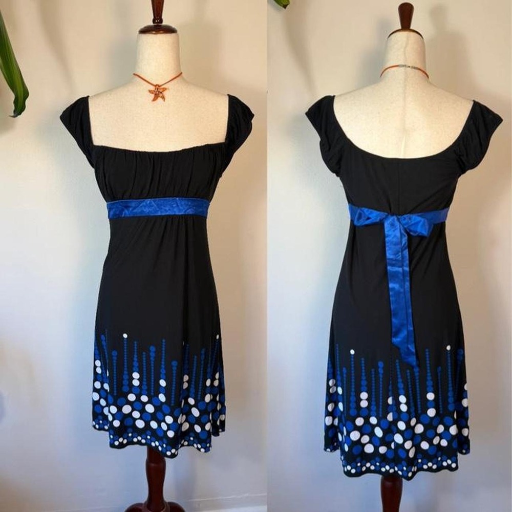 Trixxi Vintage Y2K Babydoll Midi Dress Black Blue Polka Dot Twee Medium